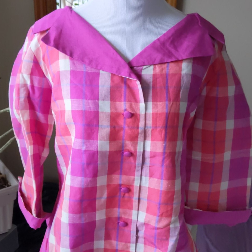Bob Mackie Pink Plaid Button Front Blouse
